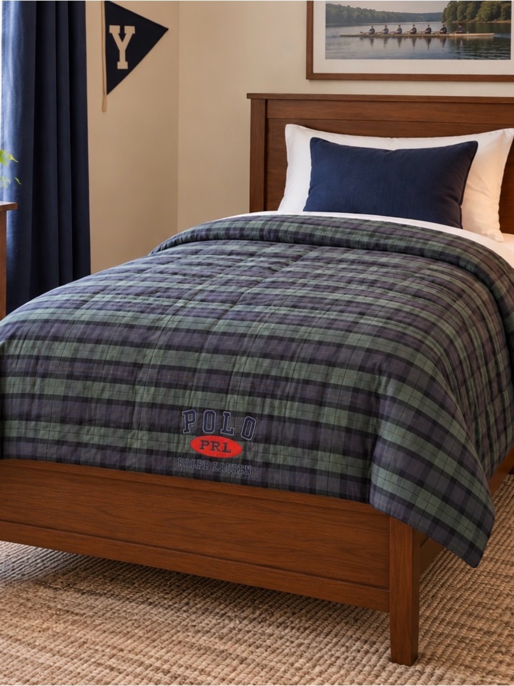 Ralph Lauren Black Watch Plaid VTG Comforter Navy Green Twin Polyester Fill